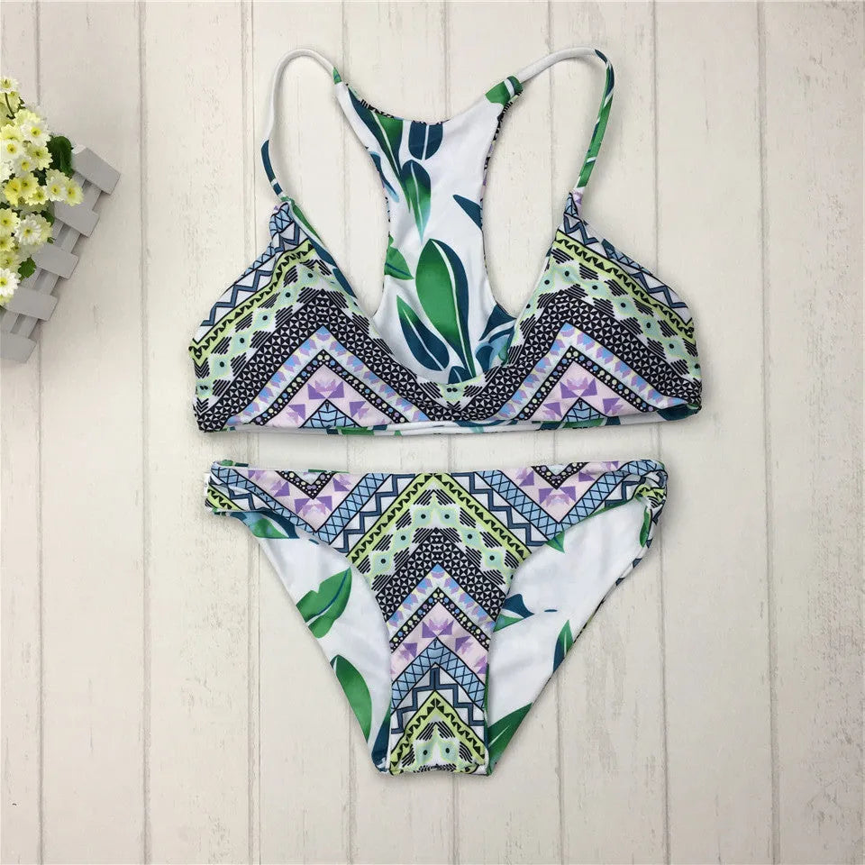 Green double-sided printed Brazilian bikini set with halter neck for women