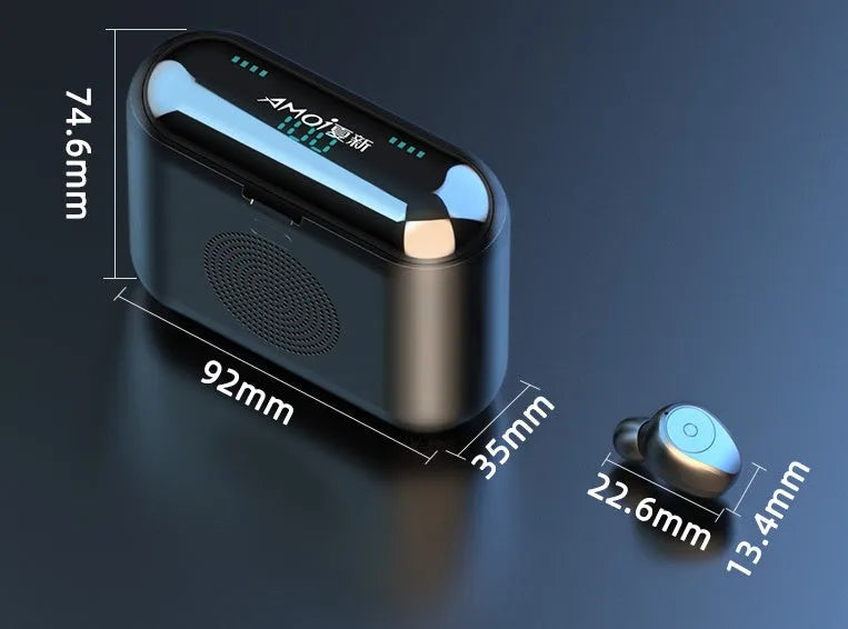 F9 5.0 black wireless Bluetooth headset with charging case, in-ear design