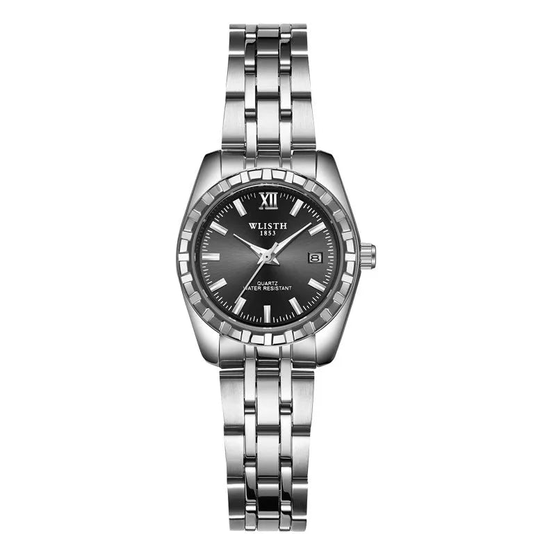 Couple watch with steel band, 28mm dial, luminous hands, calendar, and 30-metre water resistance in silver finish.