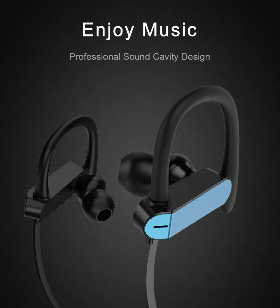 Sport running ear hook earbuds with microphone in black blue colour, showing flexible over-ear hook design.