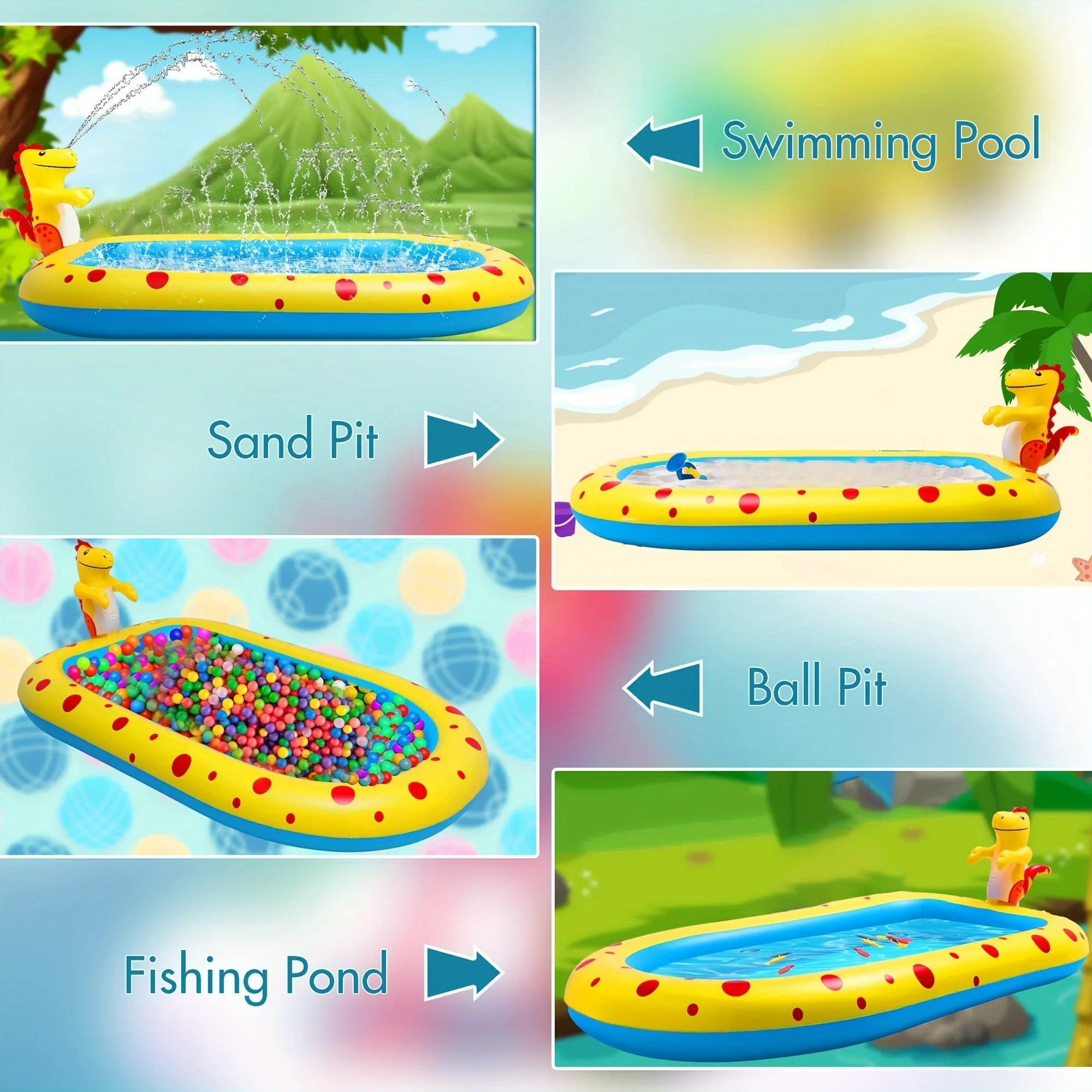 Blue inflatable dinosaur and shark themed children's play pool in a garden setting.