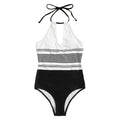Black striped one-piece swimsuit for women made from nylon fabric, front view