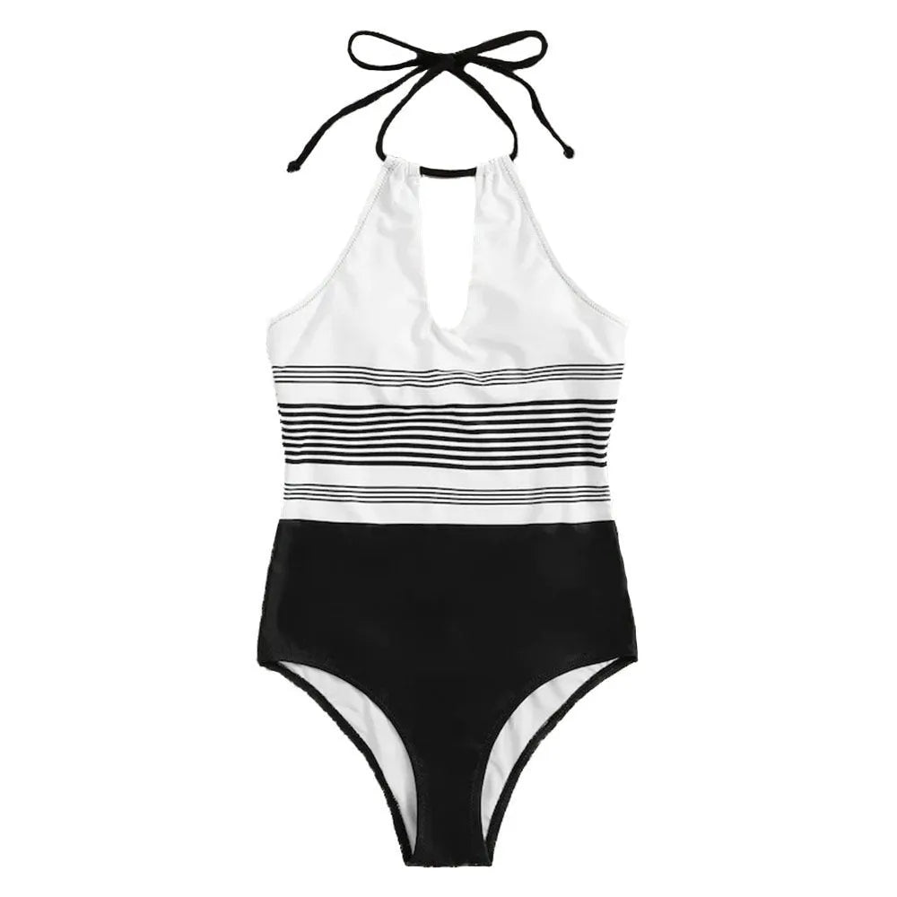 Black striped one-piece swimsuit for women made from nylon fabric, front view