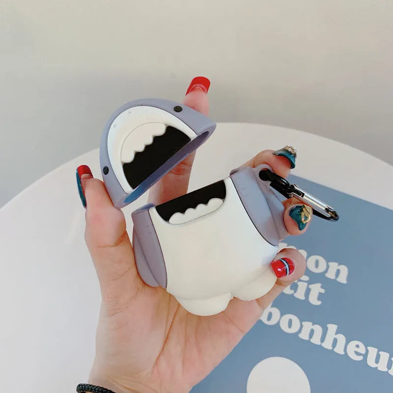 Silicone protective case cover for Apple Airpods 1 and 2 with shark fin accessory attached.