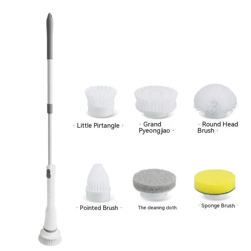 White electric scrubber cleaning brush with long telescopic handle and Type-C charging interface on a floor