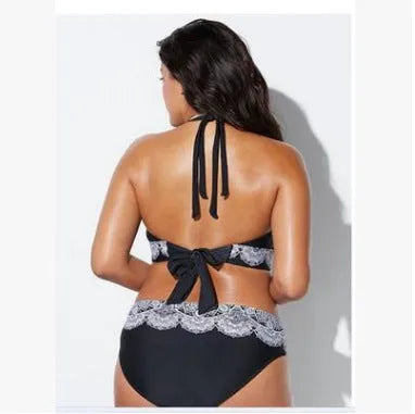 Printed split bikini in black, nylon fabric with high elasticity, quick-drying and tight fit with removable pads, sizes XL-5XL