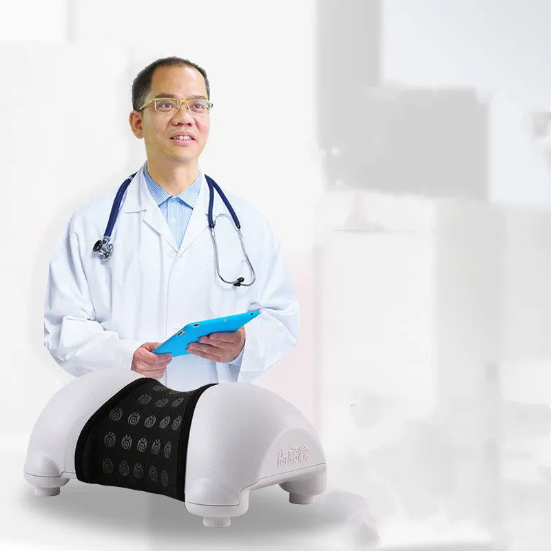 Cervical health neck pillow in black ABS plastic, 24x14.5x10cm, on a plain background