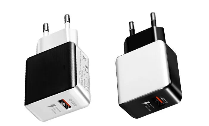 18W Quick Charge 3.0 USB wall charger EU plug in black and white finishes for smartphones