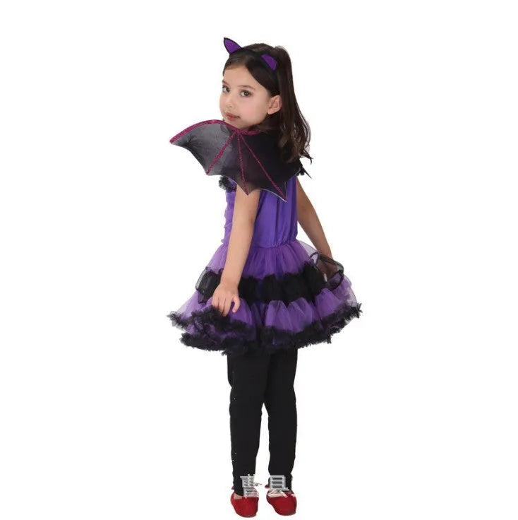 Children's purple spandex Halloween dress with stretch fabric, available in sizes 100cm to 160cm