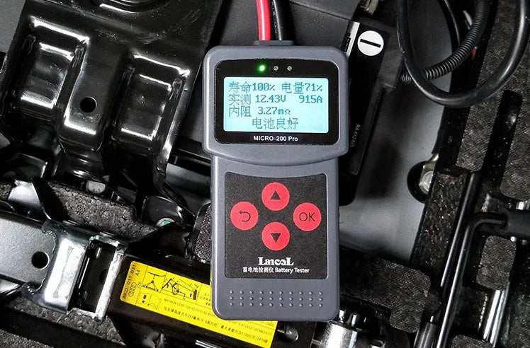 Black car battery tester with digital readout, 15cm length, for voltage and internal resistance measurement