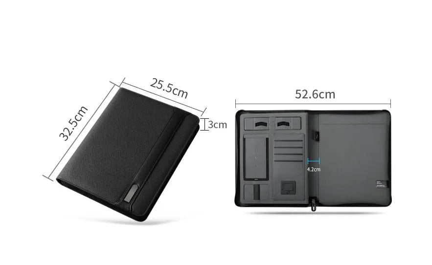 Multifunctional rechargeable A4 PU folder with wireless power charger, 5000mAh battery, and mobile holder – available in black, blue, red.
