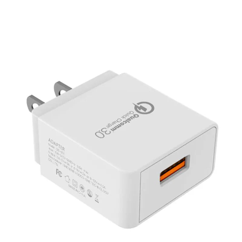 18W QC3.0 USB charger in white with EU plug, measuring 63x40x22mm