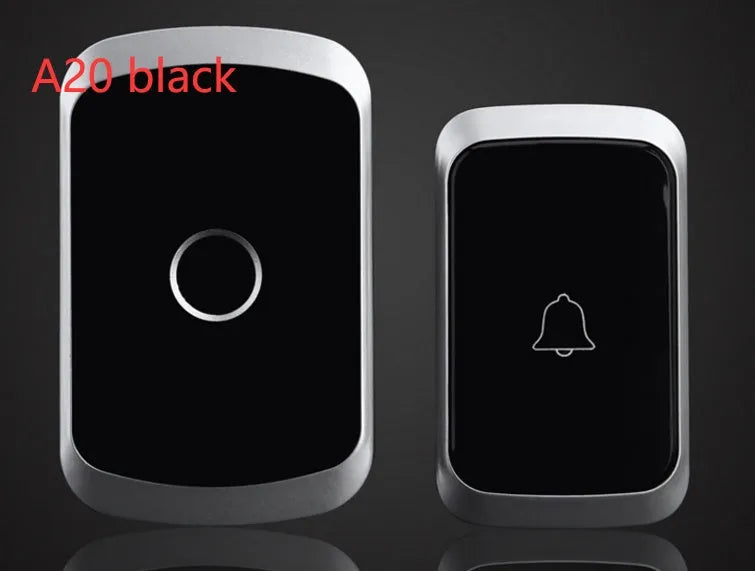 Wireless doorbell system with receiver unit and battery-operated transmitter showing colour options in black, white, gold, and silver finishes