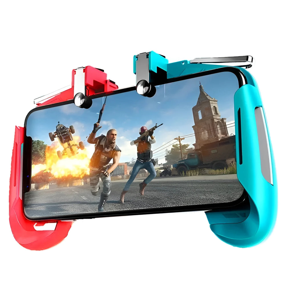 Multifunctional mobile game handle for smartphones in black, blue, and white colour options.