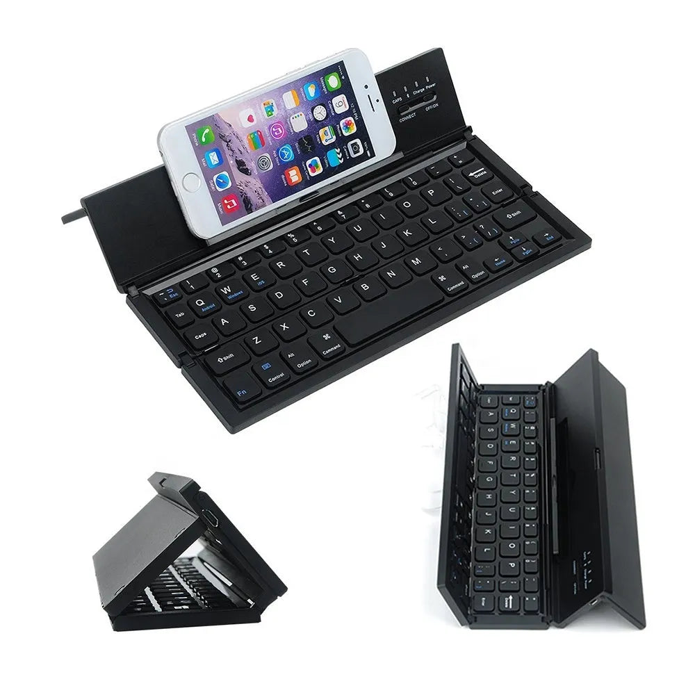 Black mini folding Bluetooth keyboard for tablets showing numeric keypad and compact 5-inch design