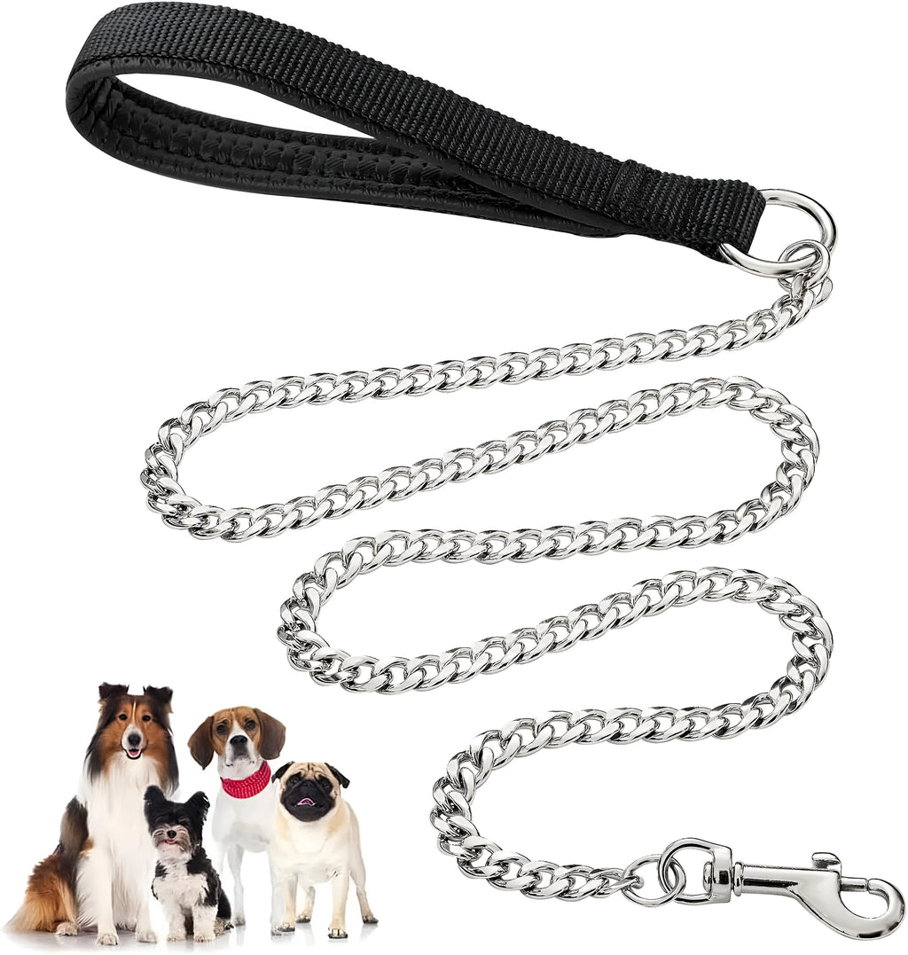 Heavy duty metal dog leash chain with soft black padded handle, shown with red collar attachment.