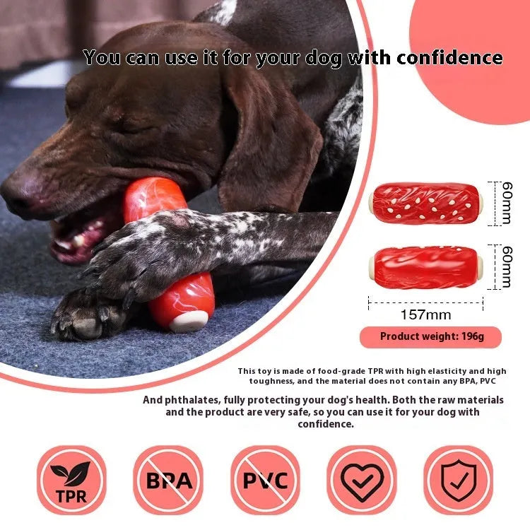Primary colour plastic dog chew toy shaped like a large textured molar rod or toothbrush.