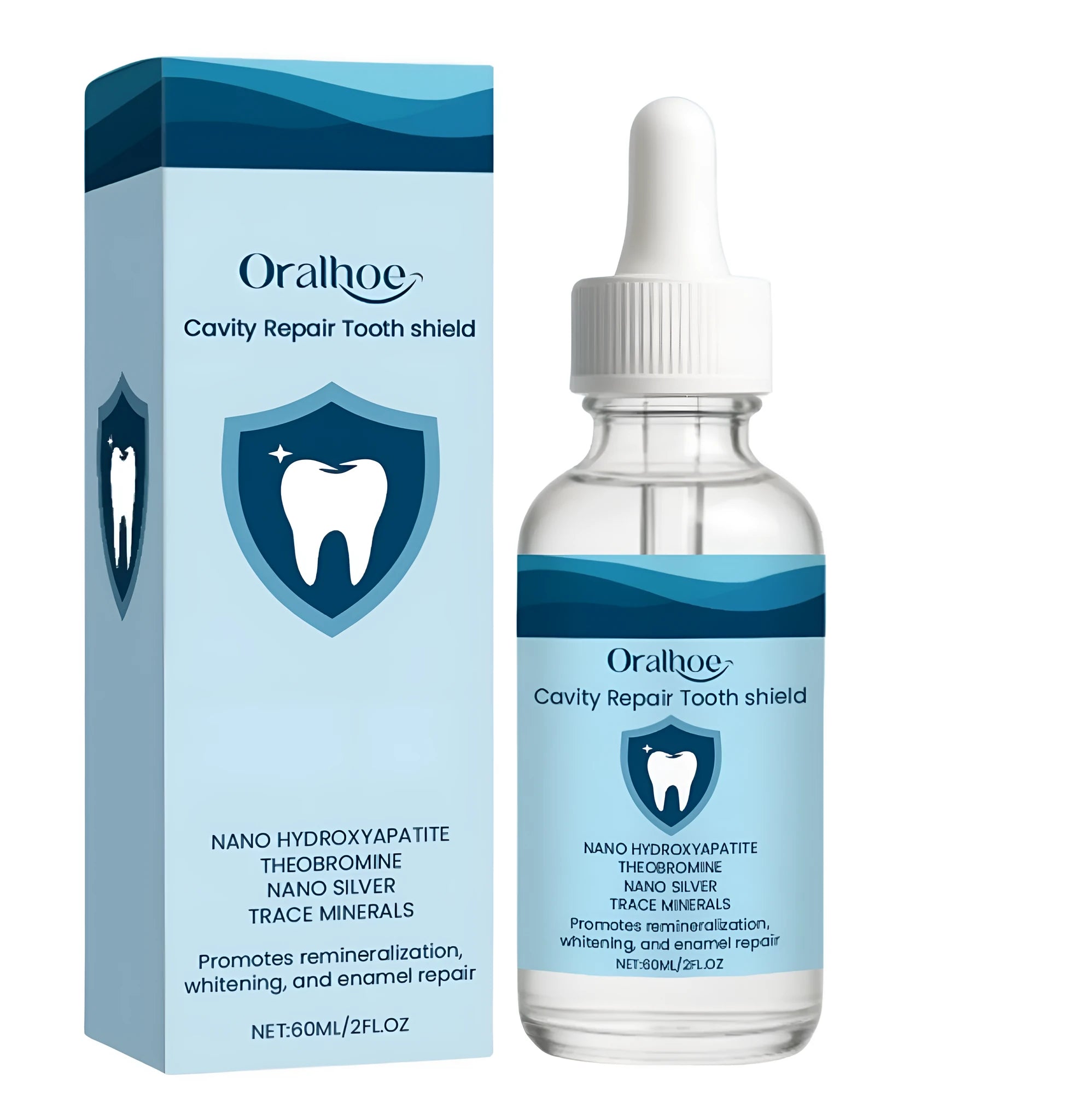 60ml bottle of hydroxyapatite dental restorative fluid with theobromine for enamel support