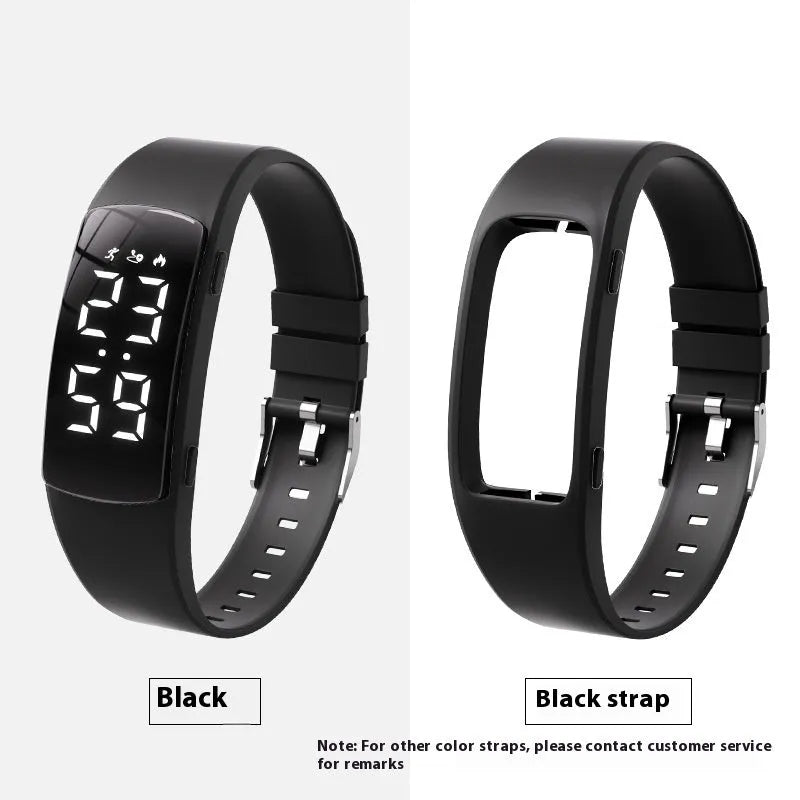 Vibration alarm smart watch with coloured silicone strap and LED display on wrist