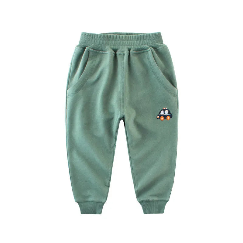 Boys Korean style sports sweatpants with cartoon pattern, soft treated fabric, available in blue green grey navy blue