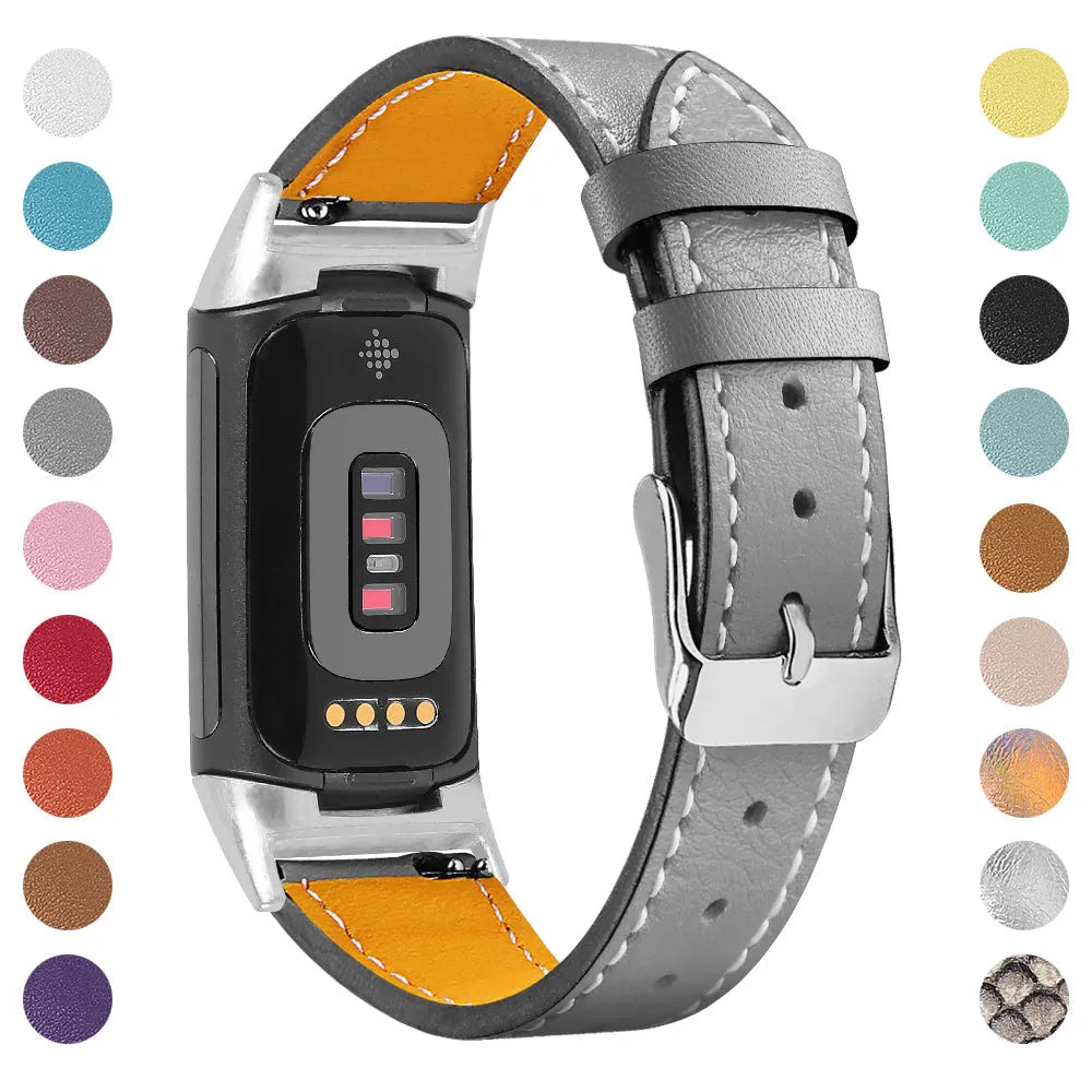 Genuine cowhide leather replacement watch strap for Fitbit Charge 5 and Charge 6 smartwatches.