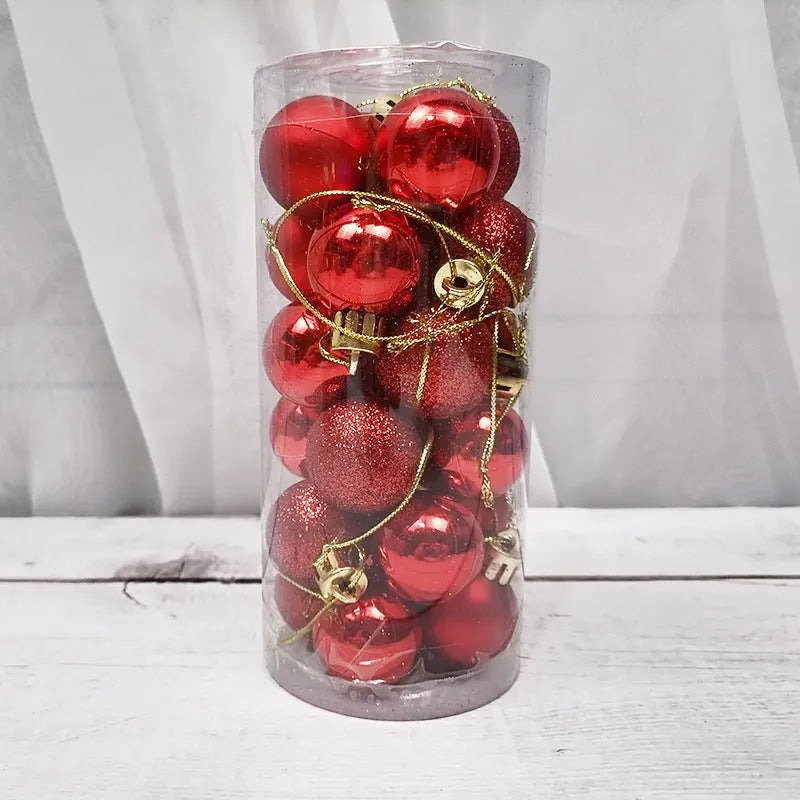 Assorted 3cm shiny gold, red, and silver Christmas ball ornaments spilling from a tall storage barrel.