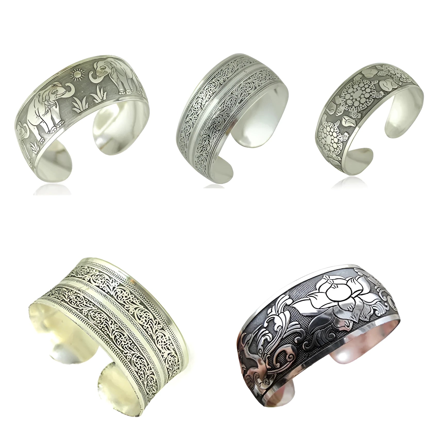 Open carved Miao silver alloy bracelet with elephant and turtle motifs on a Roman-shaped band.