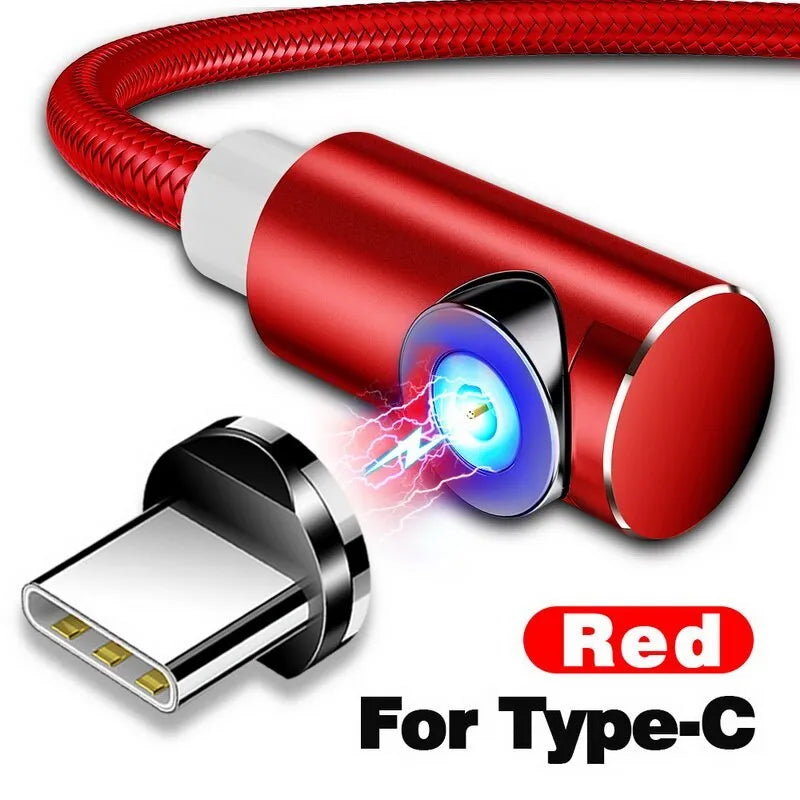 Black L-shaped magnetic charging cable with aluminium connectors for Micro USB, Lightning, and Type-C phones.