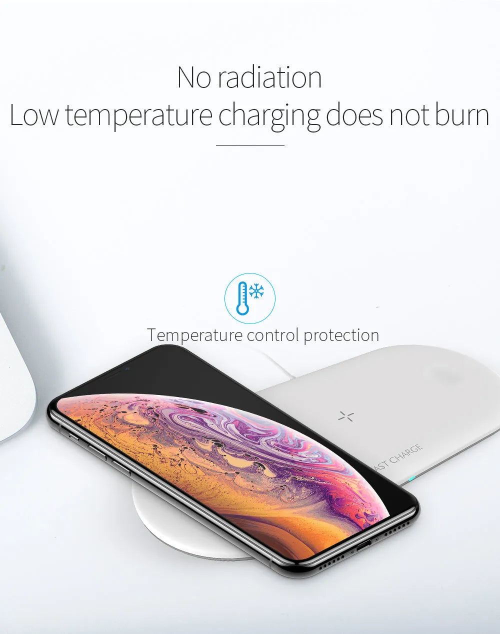 Black three-in-one desktop wireless charging station for iPhone, Apple Watch and wireless headphones.