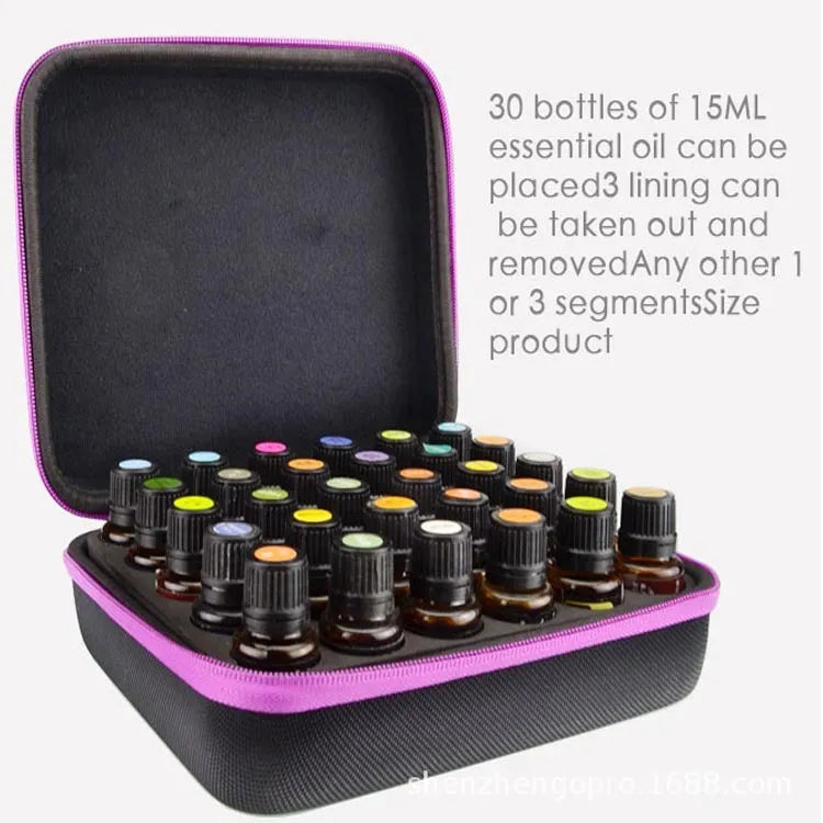 Red EVA essential oil storage bag with 30 compartments open to show bottle slots.
