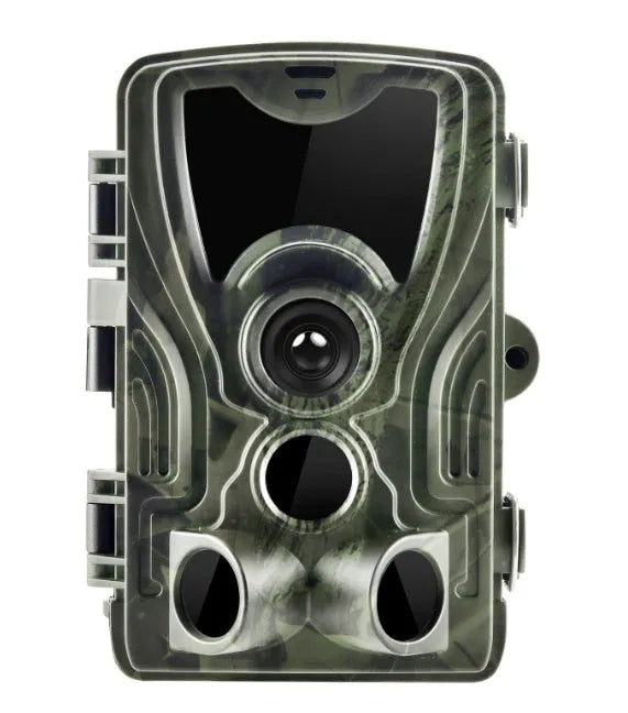 Green cellular trail hunting camera showing front view with lens, PIR sensor, and infrared LEDs