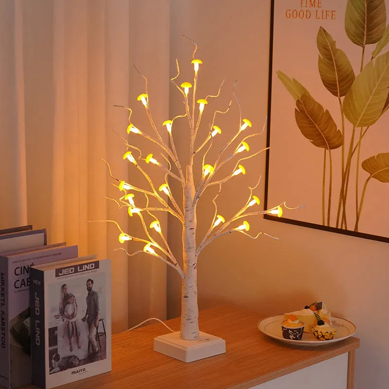 60cm tall white LED mushroom tree lamp with detachable flowers on a wooden surface