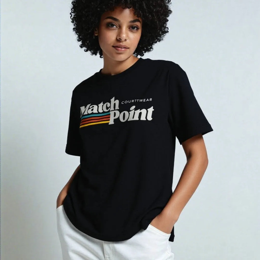 Black men's t-shirt with a large white 3D digital printed text pattern on the front.