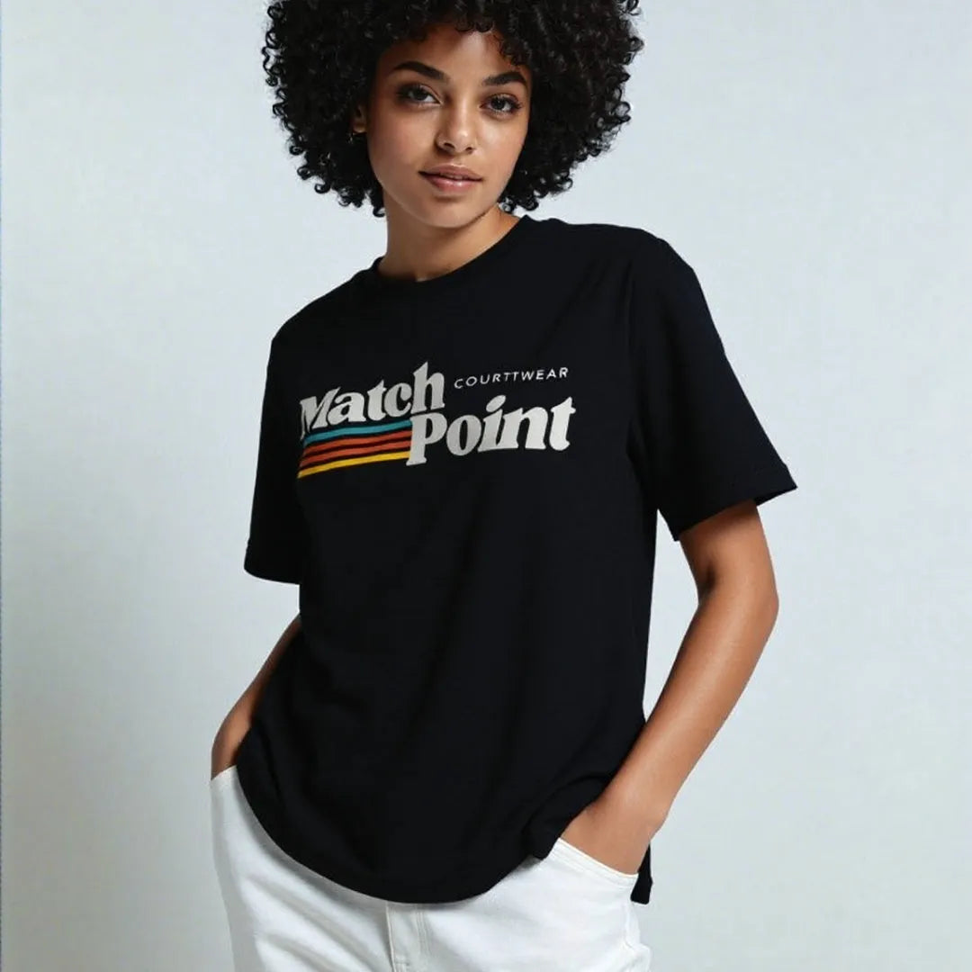 Black men's t-shirt with a large white 3D digital printed text pattern on the front.