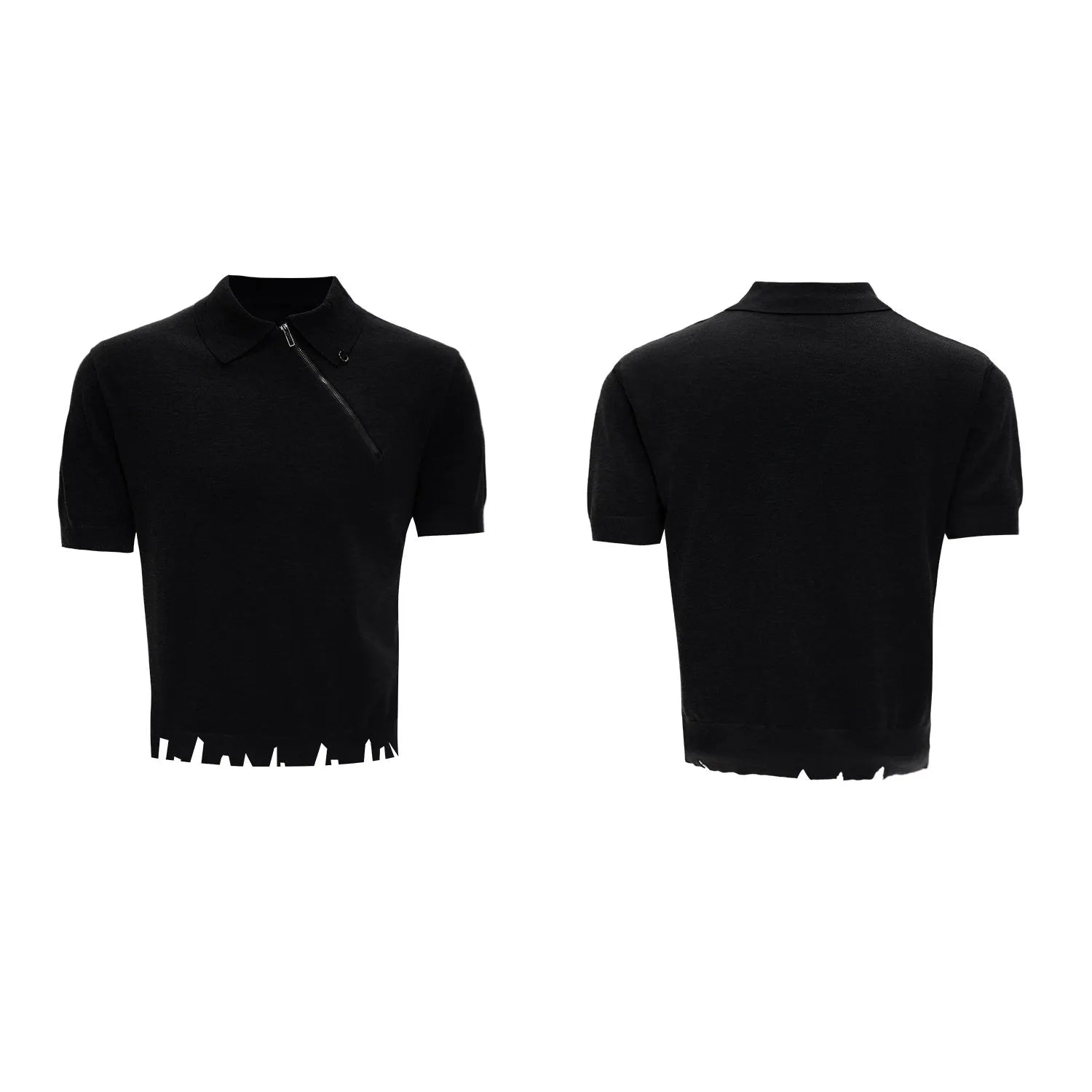 Men's black knitted polo shirt with oblique zipper and slim-fit ice-feel design