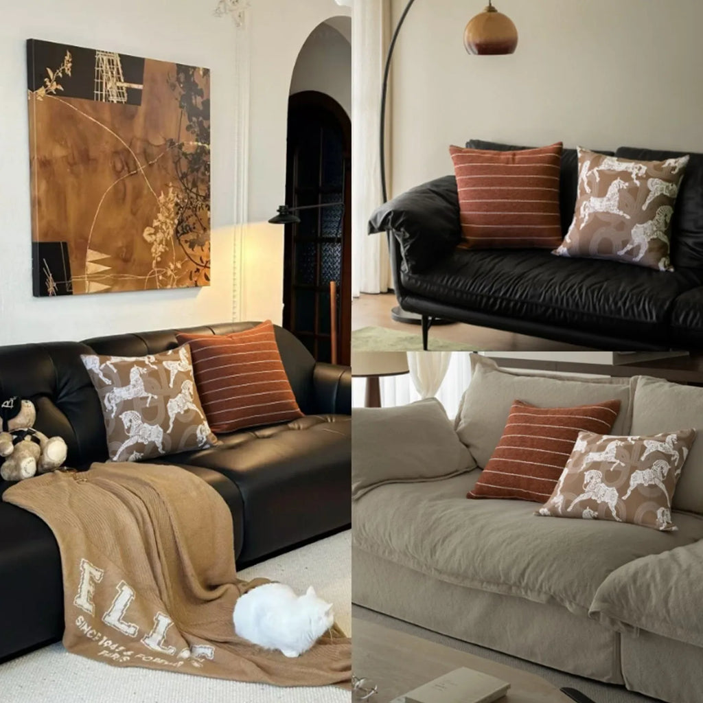 Chinese ancient style square sofa cushion in brown Maillard colour patterns on a 45cm pillow.