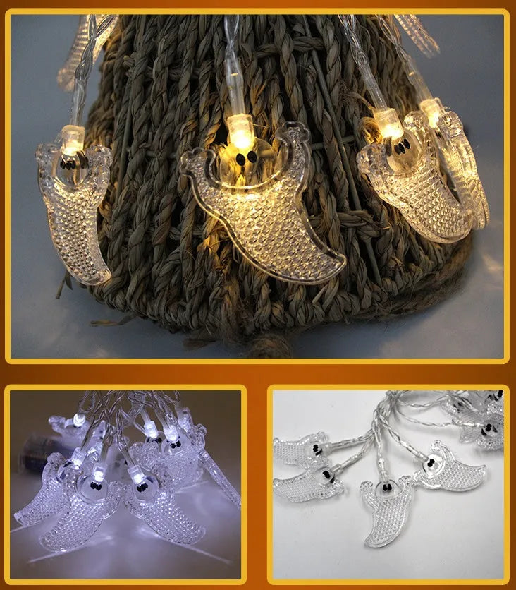 Halloween LED string lights with pumpkin, ghost and bat pendants on 1.2 metre white cord