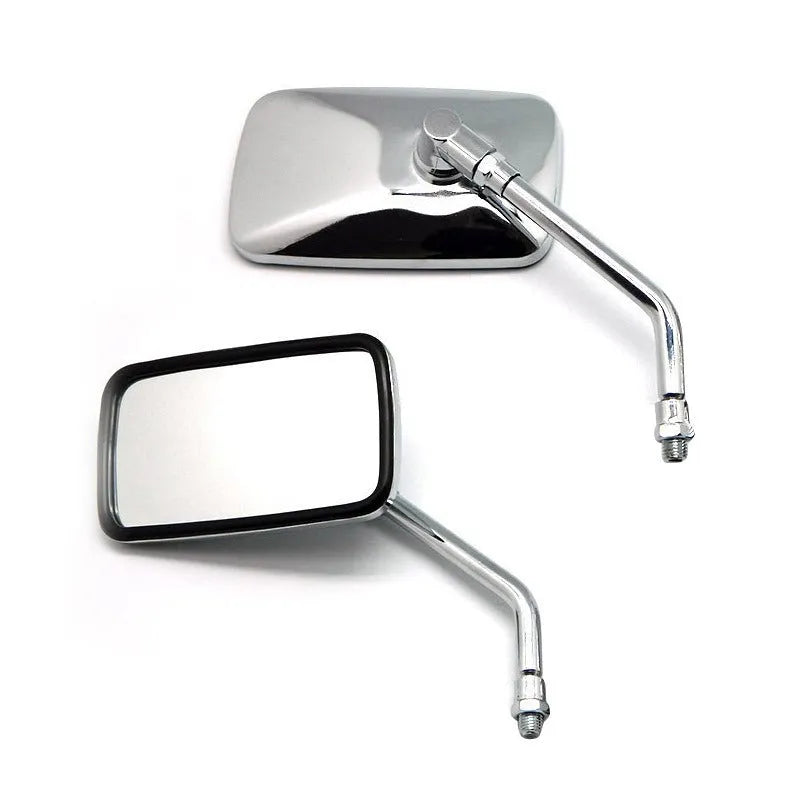 Silver all-metal motorcycle rearview mirror with convex lens on a dark background