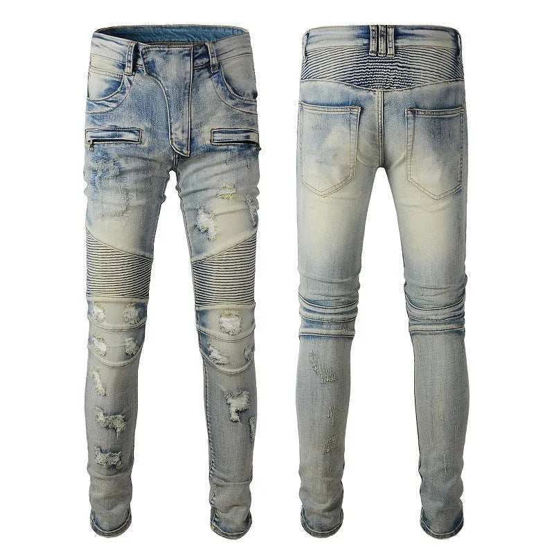 Light blue distressed slim fit men's jeans with hand-frayed detailing and stretch denim fabric