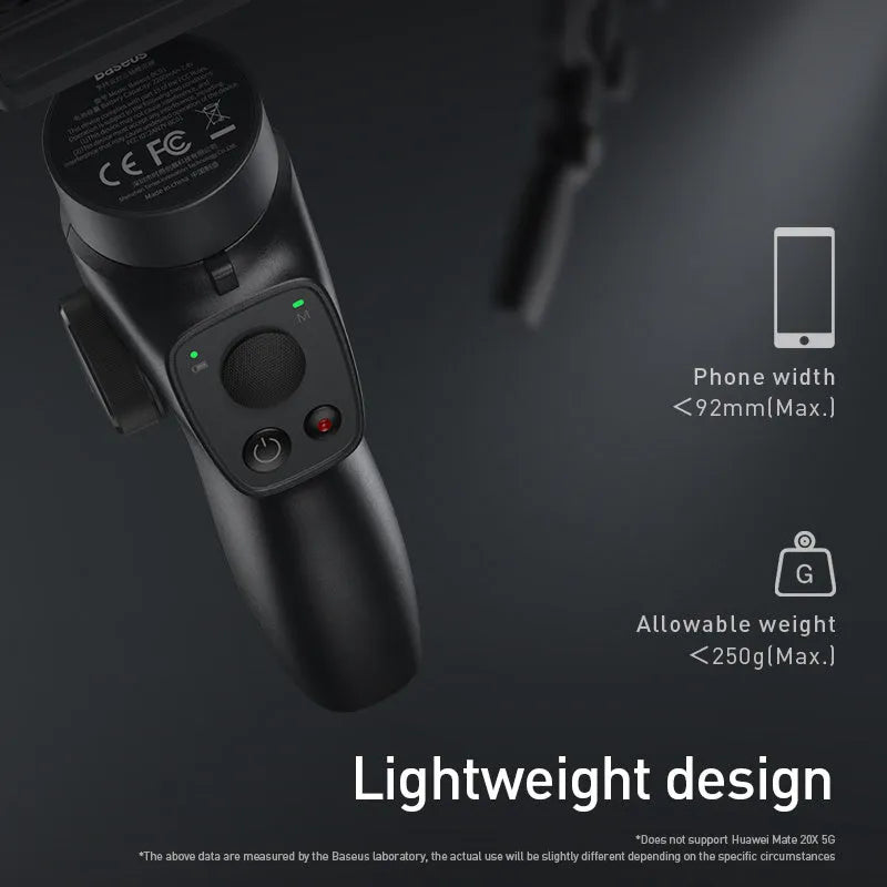 Black handheld three-axis stabiliser for mobile phones with ABS+PC frame and clamp open for a smartphone