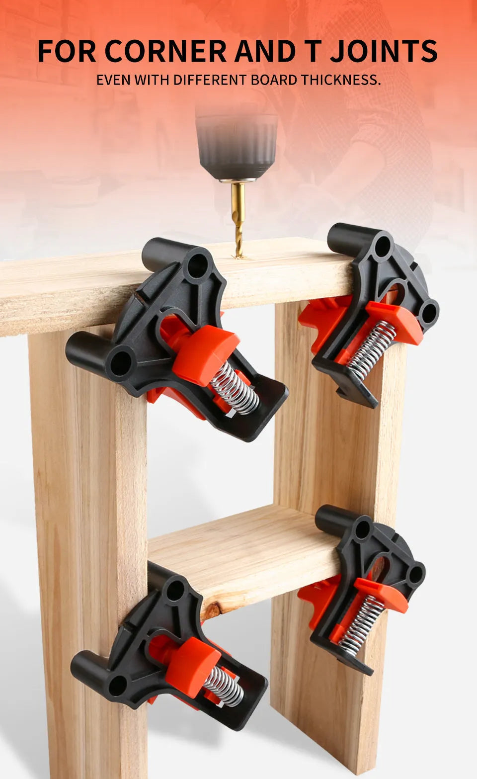Set of plastic 90-degree right angle clips for picture frame assembly using woodworking clamps