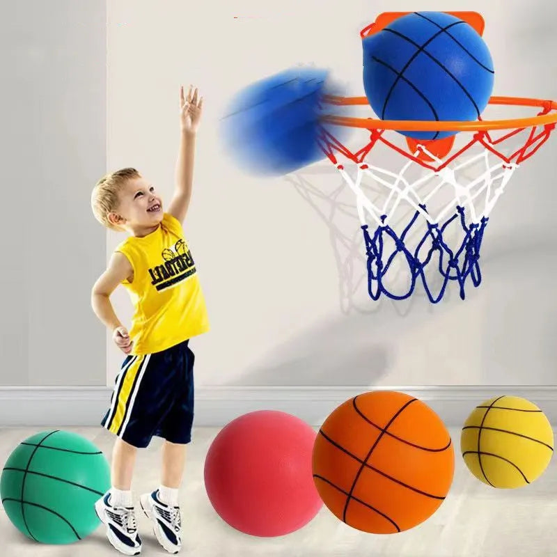 Assortment of bright coloured silent foam basketballs with a basketball frame on a neutral background