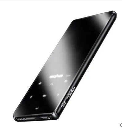 Black portable MP3 MP4 player with 2.4-inch touch screen showing music interface, placed on a desk.