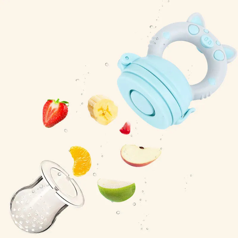 BPA-free silicone baby teether in blue, green, or pink colours showing single and triple mouthpiece design options