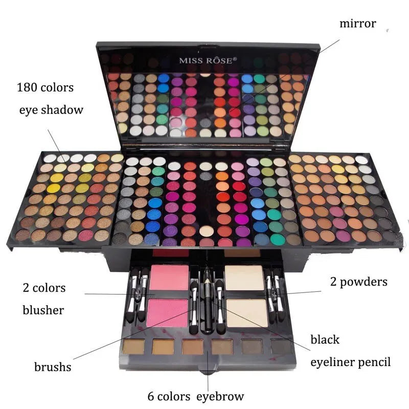 180 colour eyeshadow blush set in piano-shaped makeup palette box with multiple colour pans