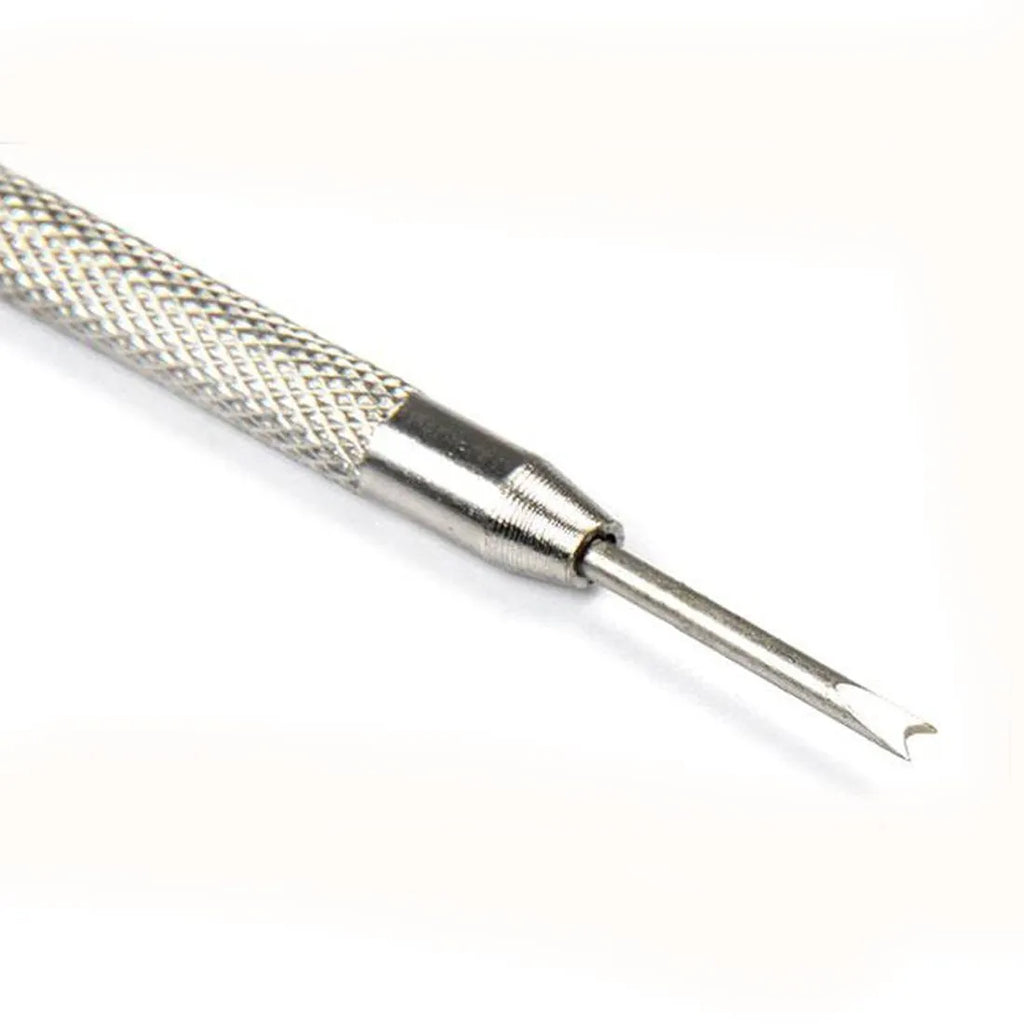 Stainless steel spring bar remover tool with V-edged and push-pin tips, 8.5cm length, on a grey background