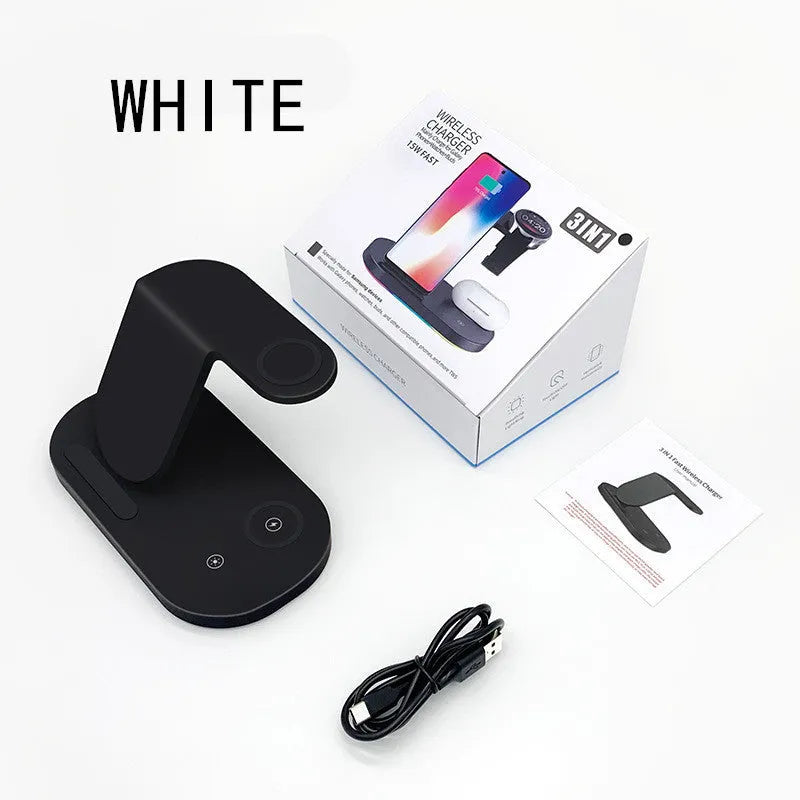 Three-in-one fast wireless charger in ABS material with Type-C input for phone watch and headphone