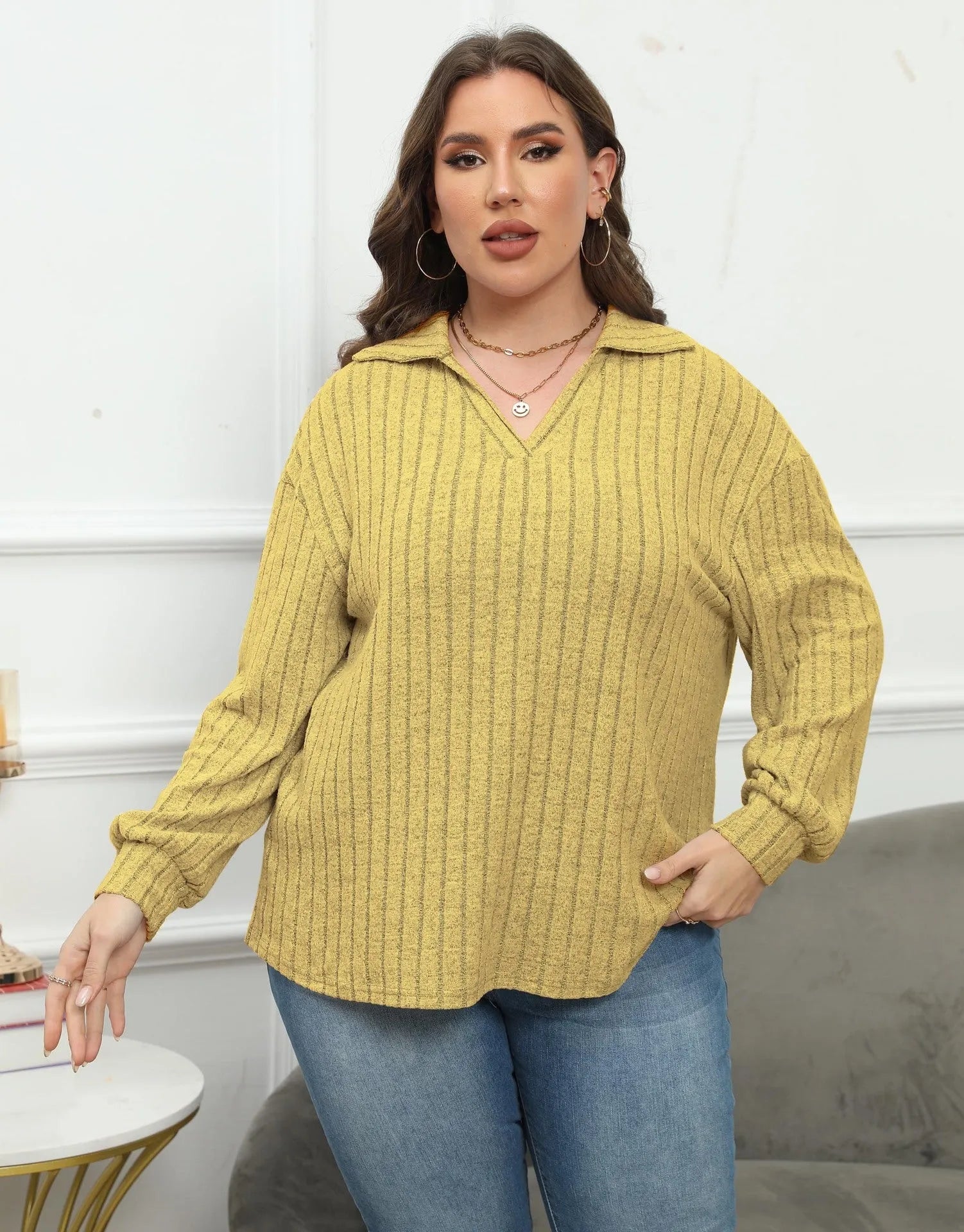 Women's plus size gray polo collar fleece pullover with lantern sleeves in Gothic street style.