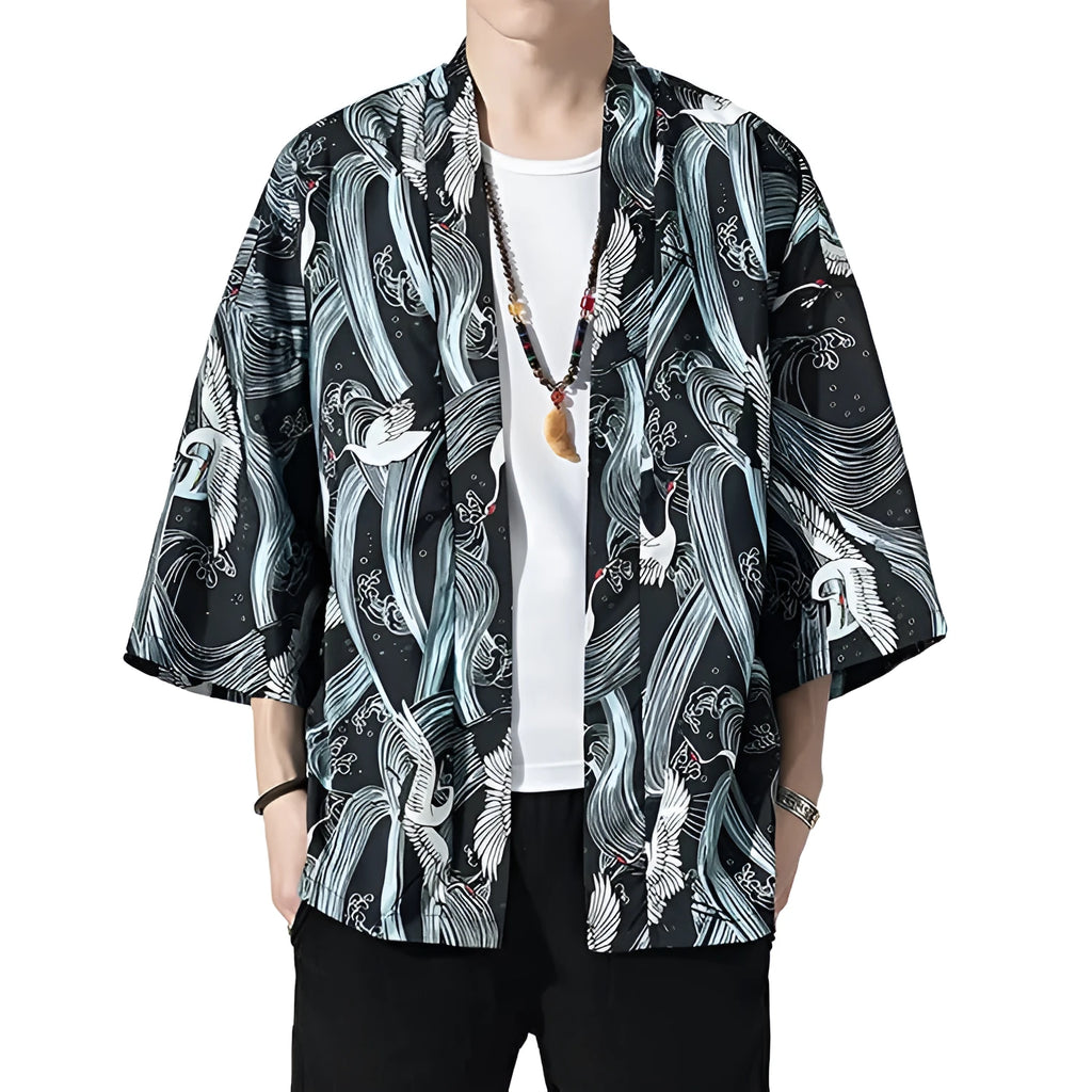 Japanese kimono cropped sleeve cardigan in black shown front view on a model