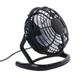Mini black USB desk fan with adjustable head on a wooden desk next to a laptop.